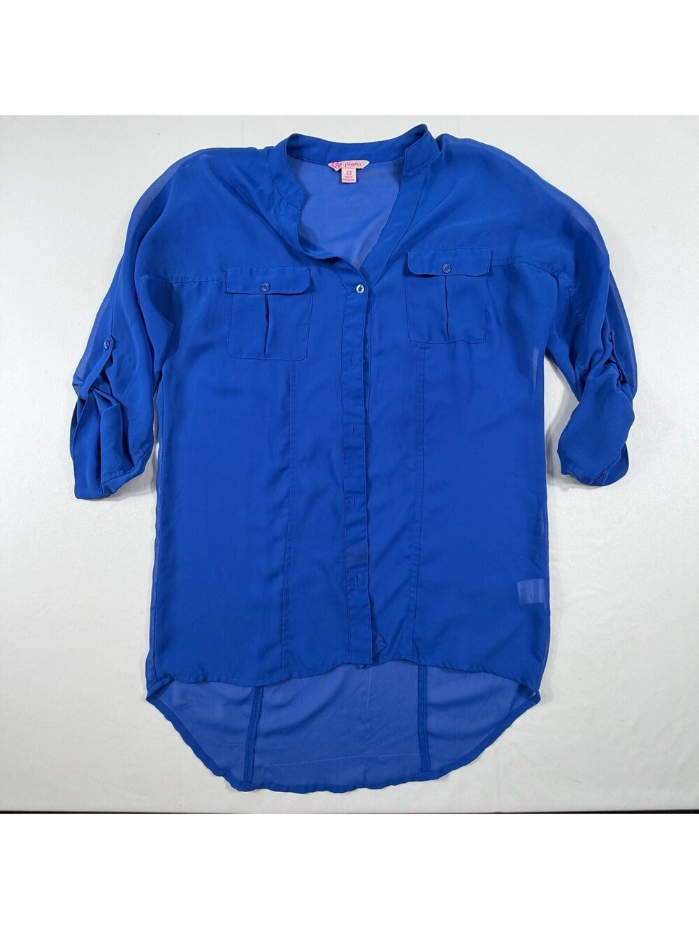 Candie's Womens Cobalt Blue Roll-Tab Sleeve Button-Front Sheer Blouse